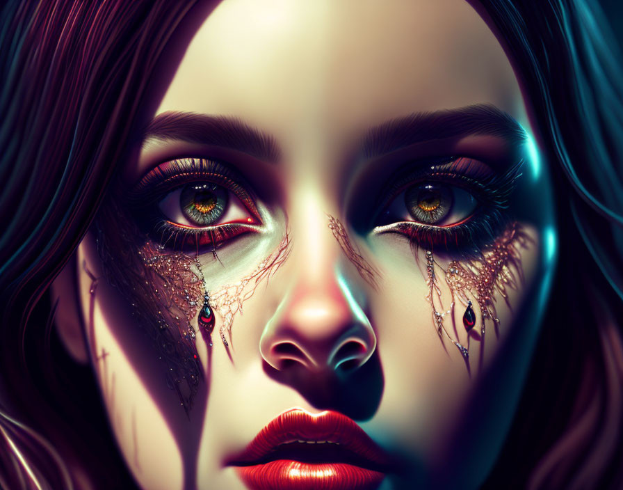 Digital portrait of woman with luminescent eyes and glitter makeup