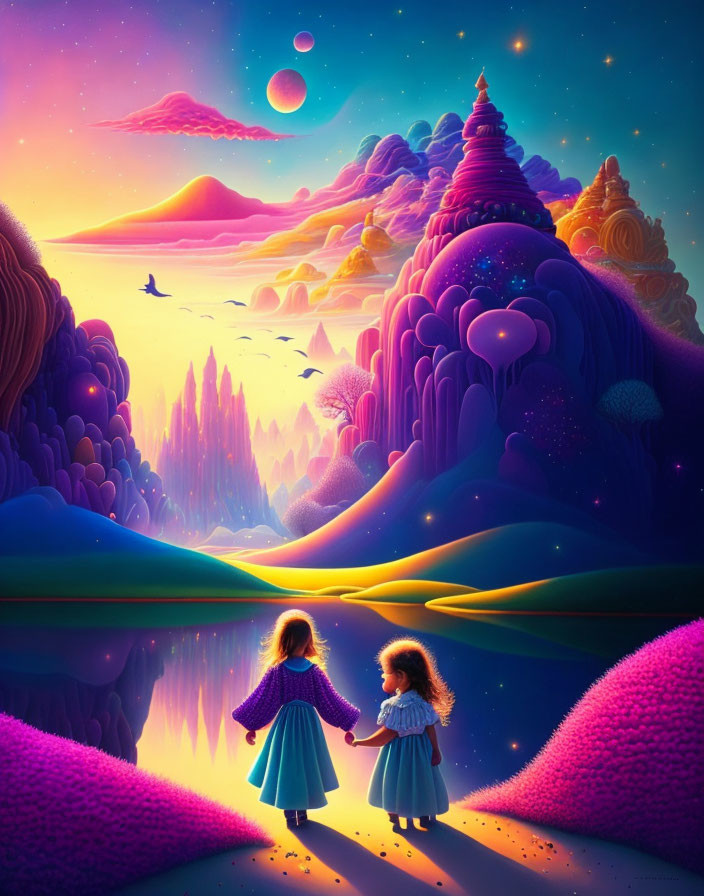 Vibrant fantastical landscape with colorful terrain and surreal sky