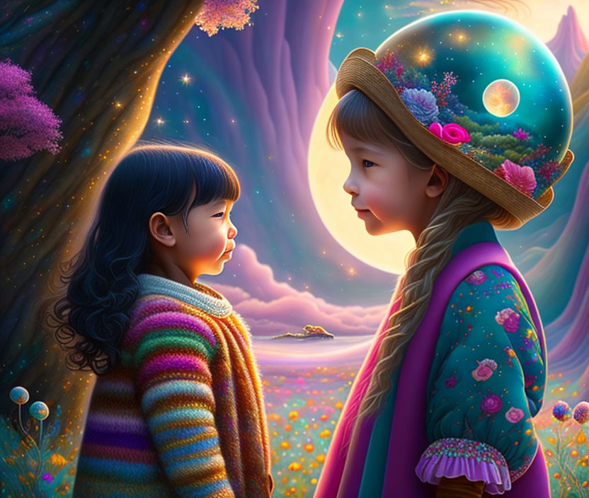 Two young girls in magical landscape with space-themed hat and vibrant flowers