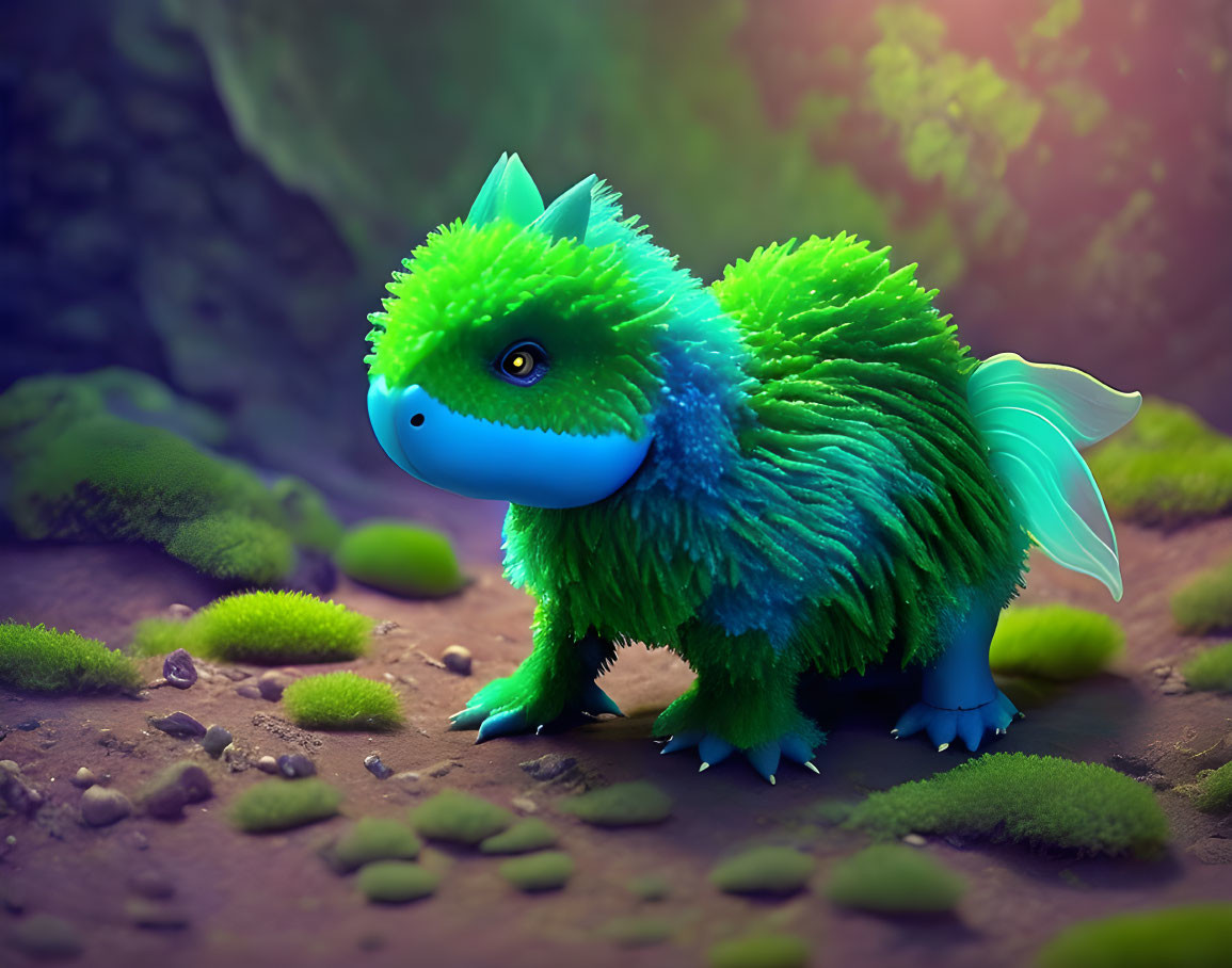 Colorful dragon-like creature in forest clearing with small wings