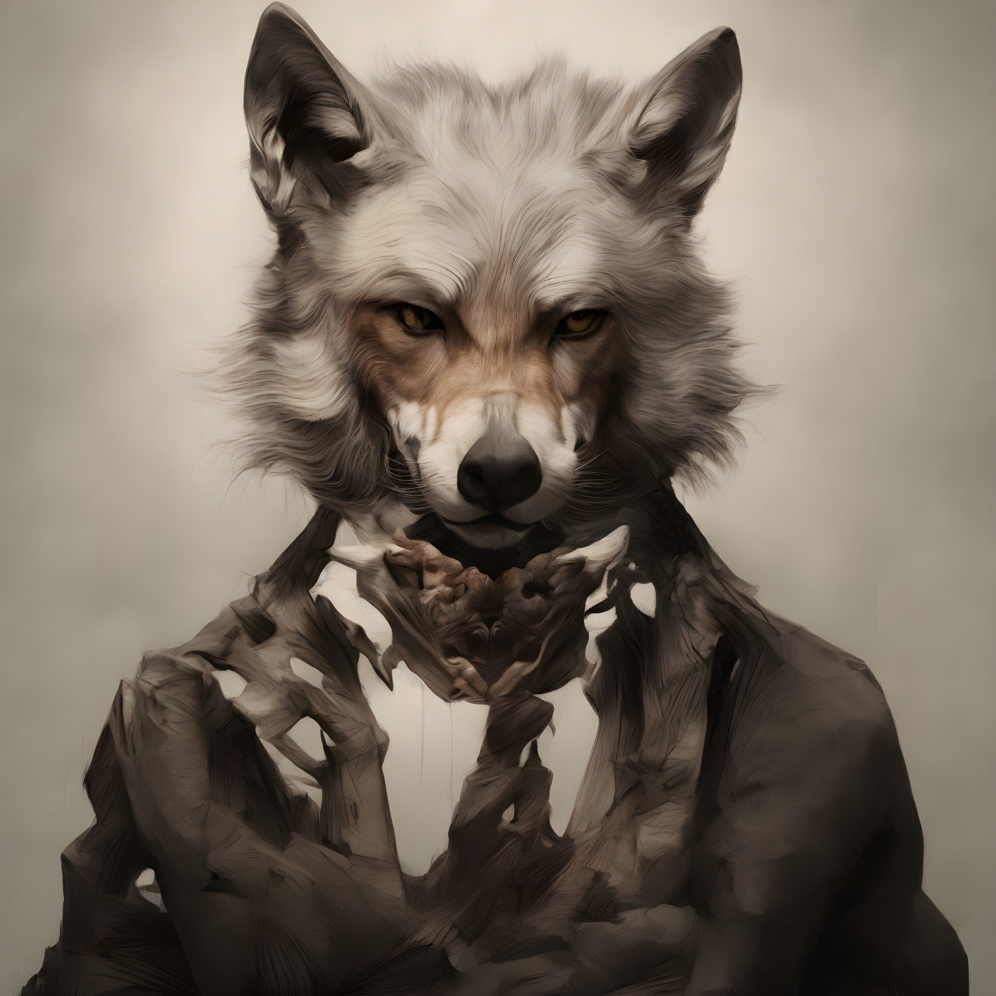 Anthropomorphic wolf illustration in suit with visible skeletal structure.