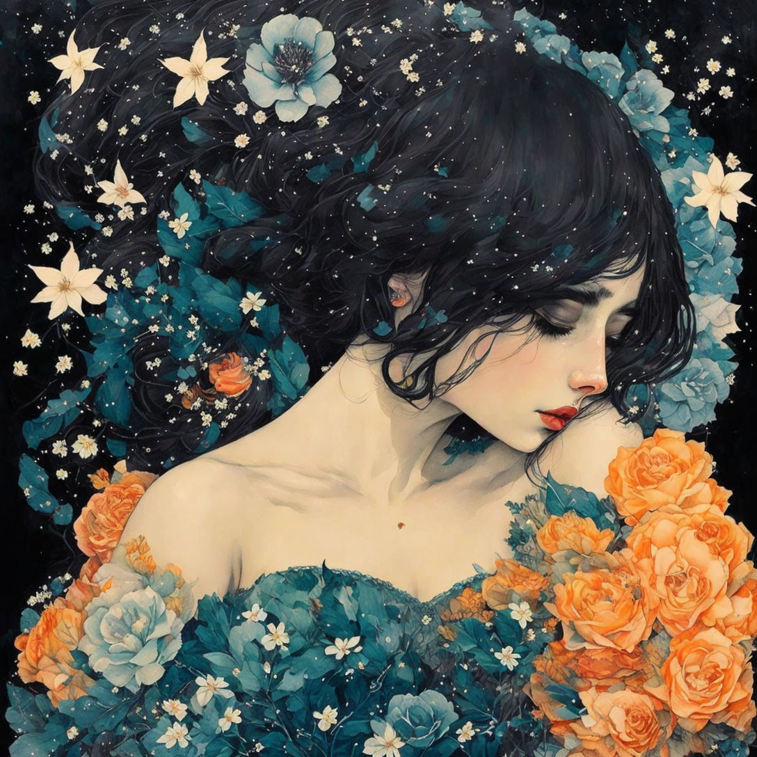 Surreal illustration: Woman with dark hair in vibrant flower sea