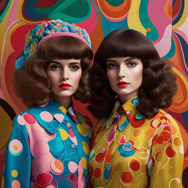 Vintage Hairstyle Women in Colorful '70s Fashion on Psychedelic Background