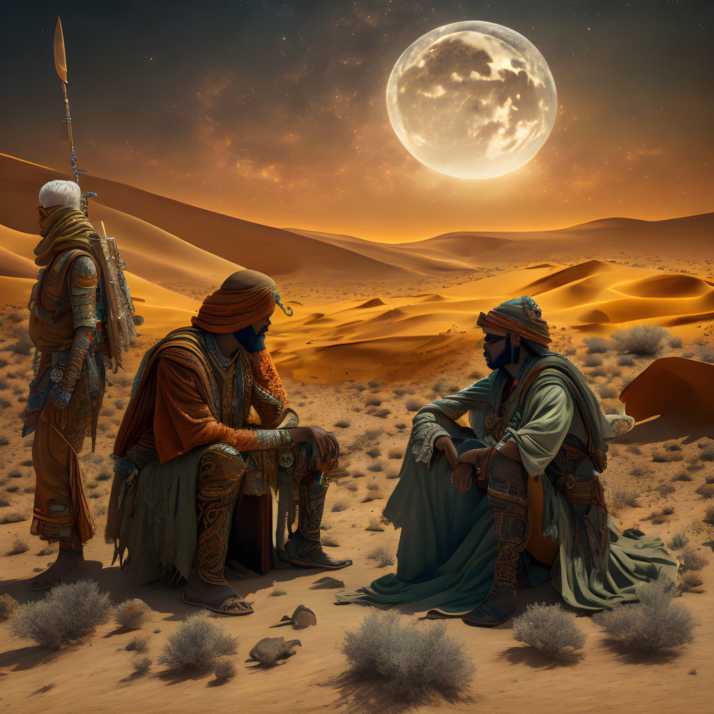 Traditional desert attire individuals discussing under full moon in sandy dune landscape