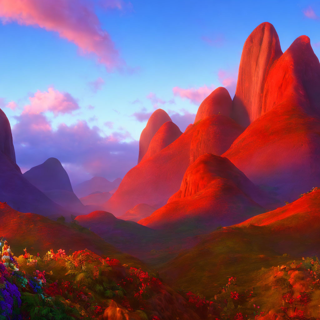 Scenic red mountains under sunset sky with colorful flowers