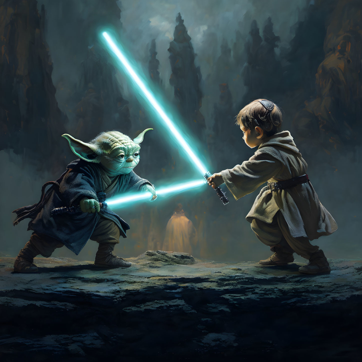 Jedi-like individuals duel with light sabers in cave setting