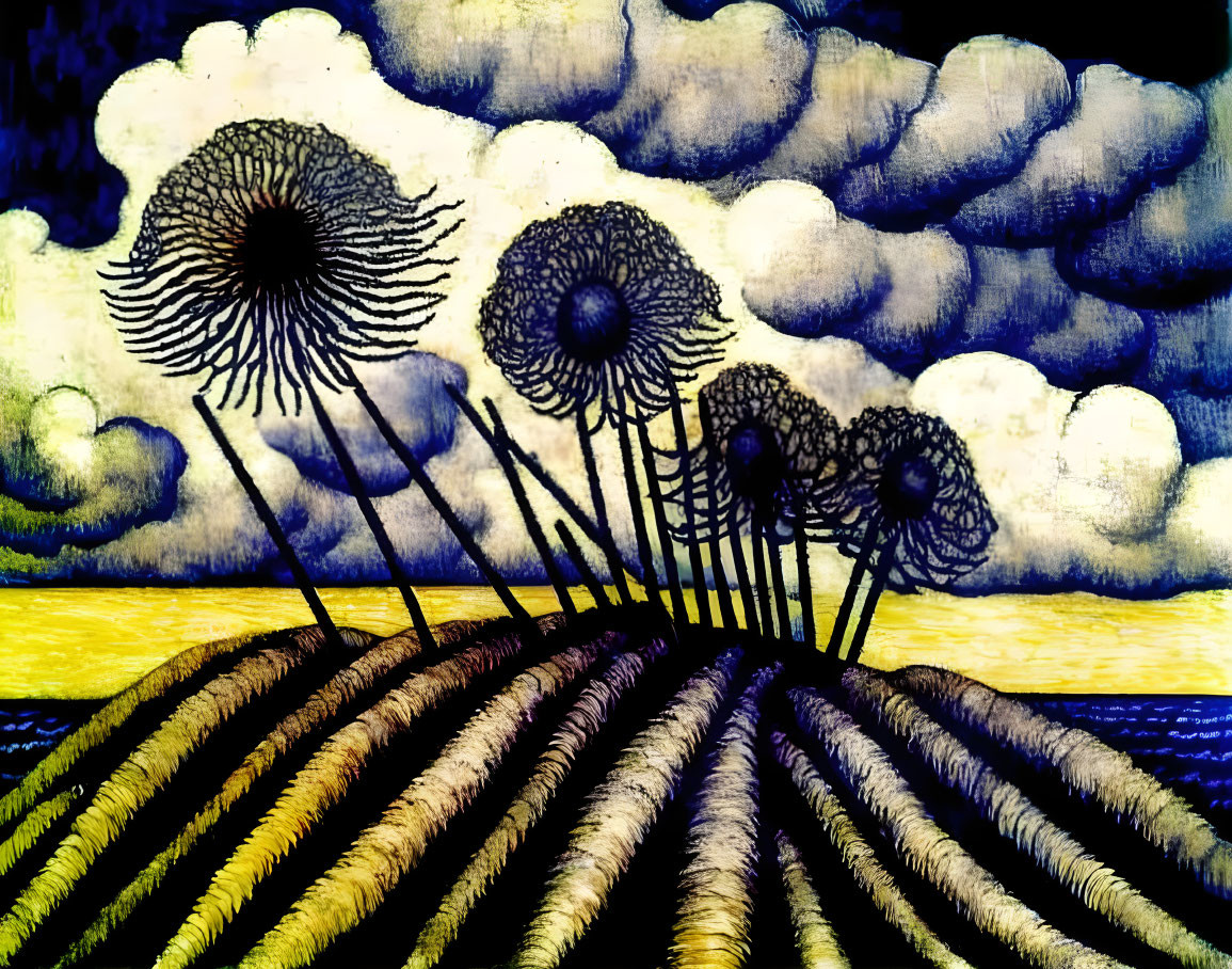 Stylized painting of dandelion-like flowers in blue sky and yellow field