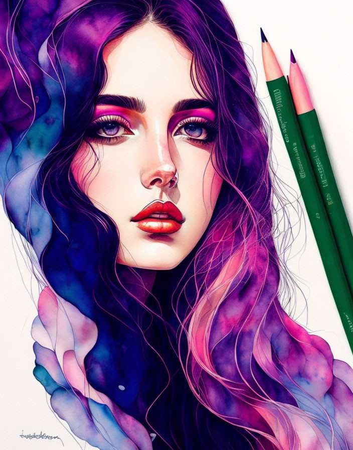 Colorful illustration: Woman with purple hair and striking eyes, with two colored pencils