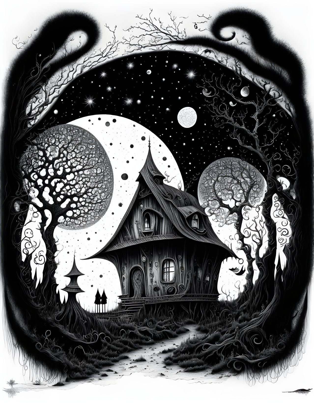 Monochrome fantasy illustration of enchanting house, crescent moon, swirling trees, stars in night sky