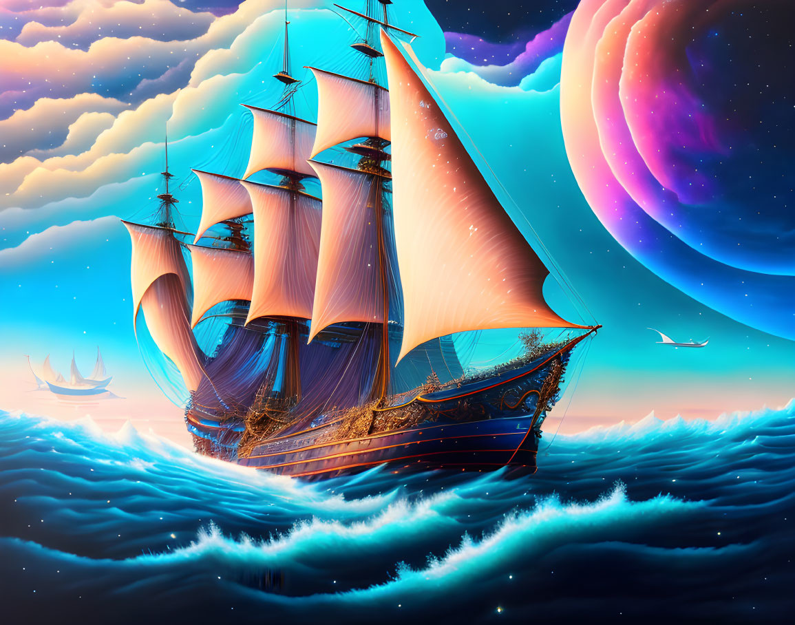 Surreal seascape: majestic ship, vibrant ocean, multiple moons