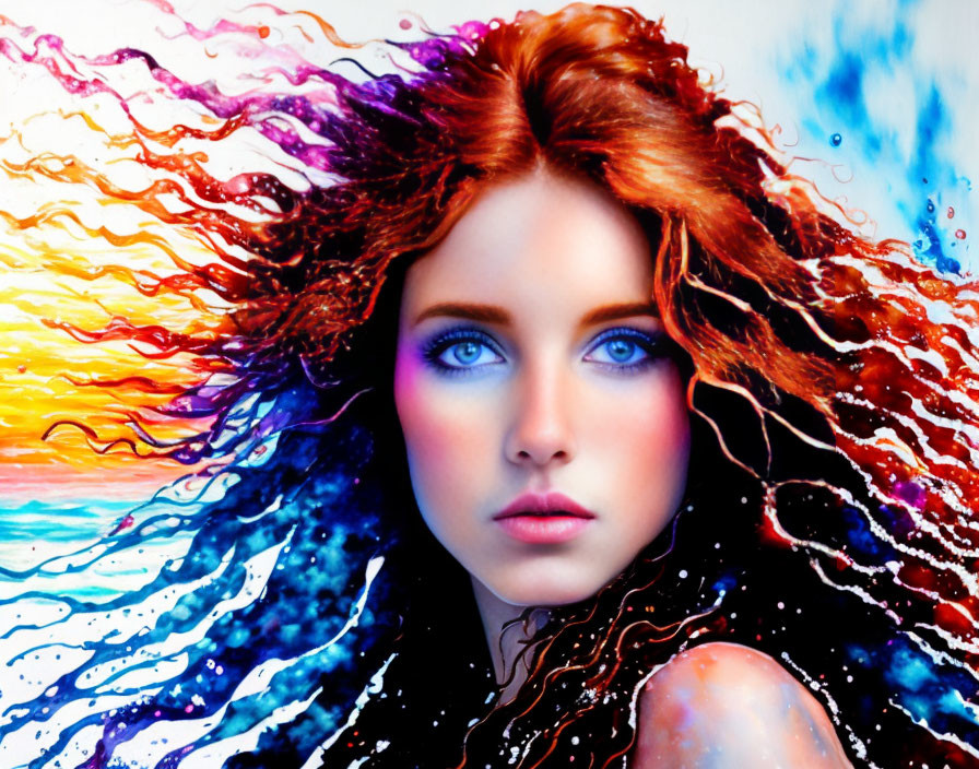 Vivid digital artwork: Woman with blue eyes and red hair in colorful splash background