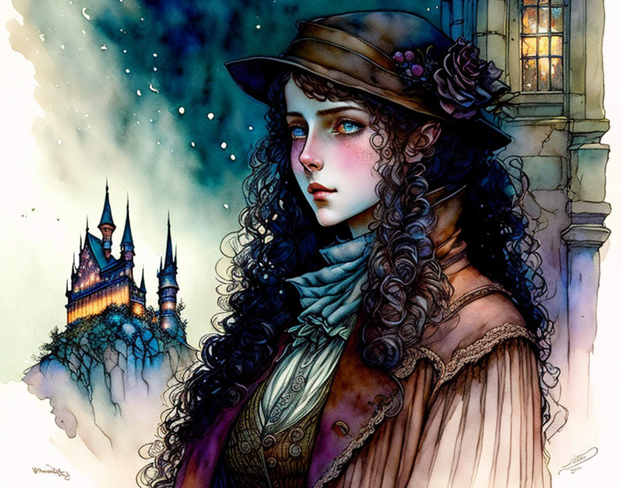 Victorian-style illustrated woman with hat and castle under starry night sky.