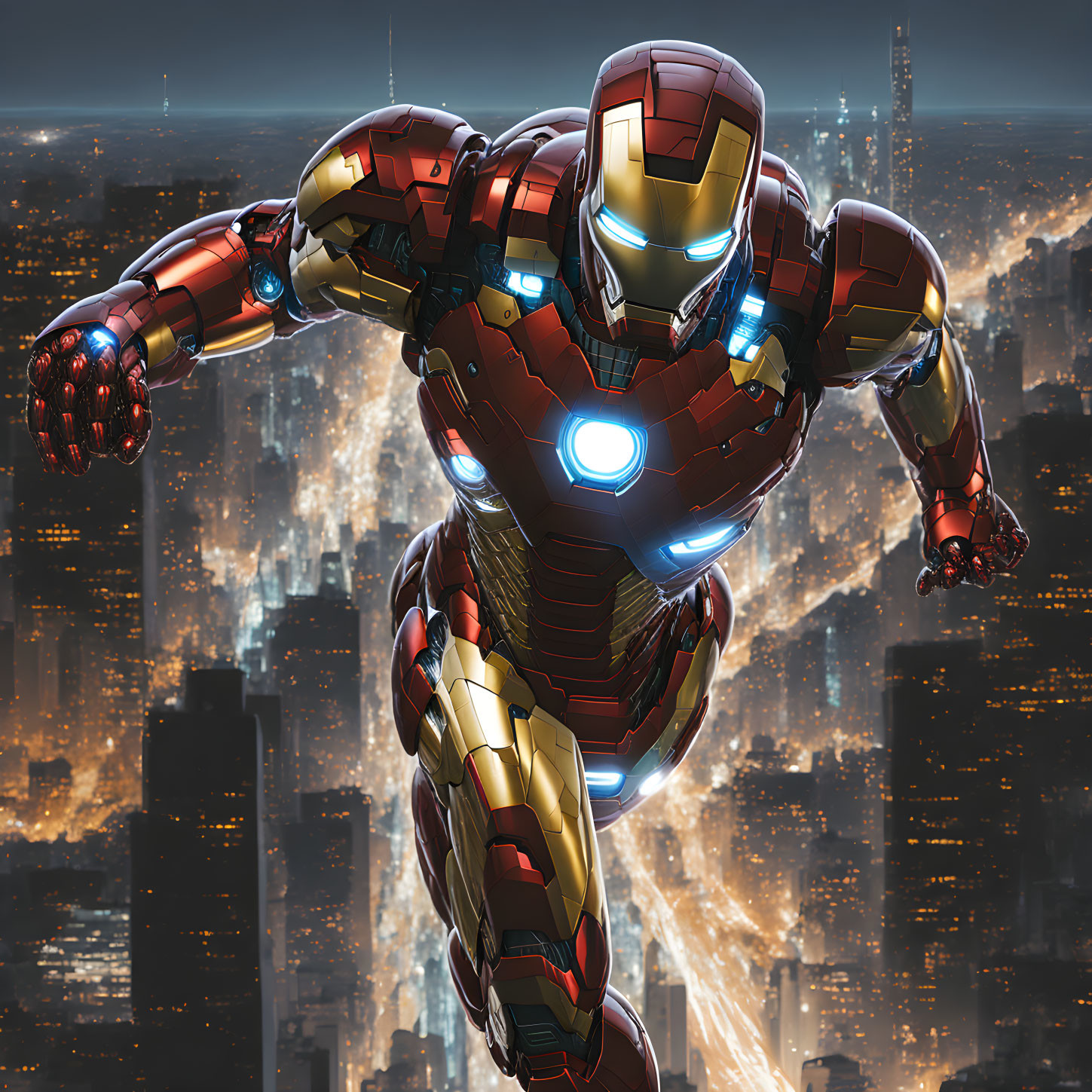 Futuristic Iron Man suit flying over illuminated cityscape