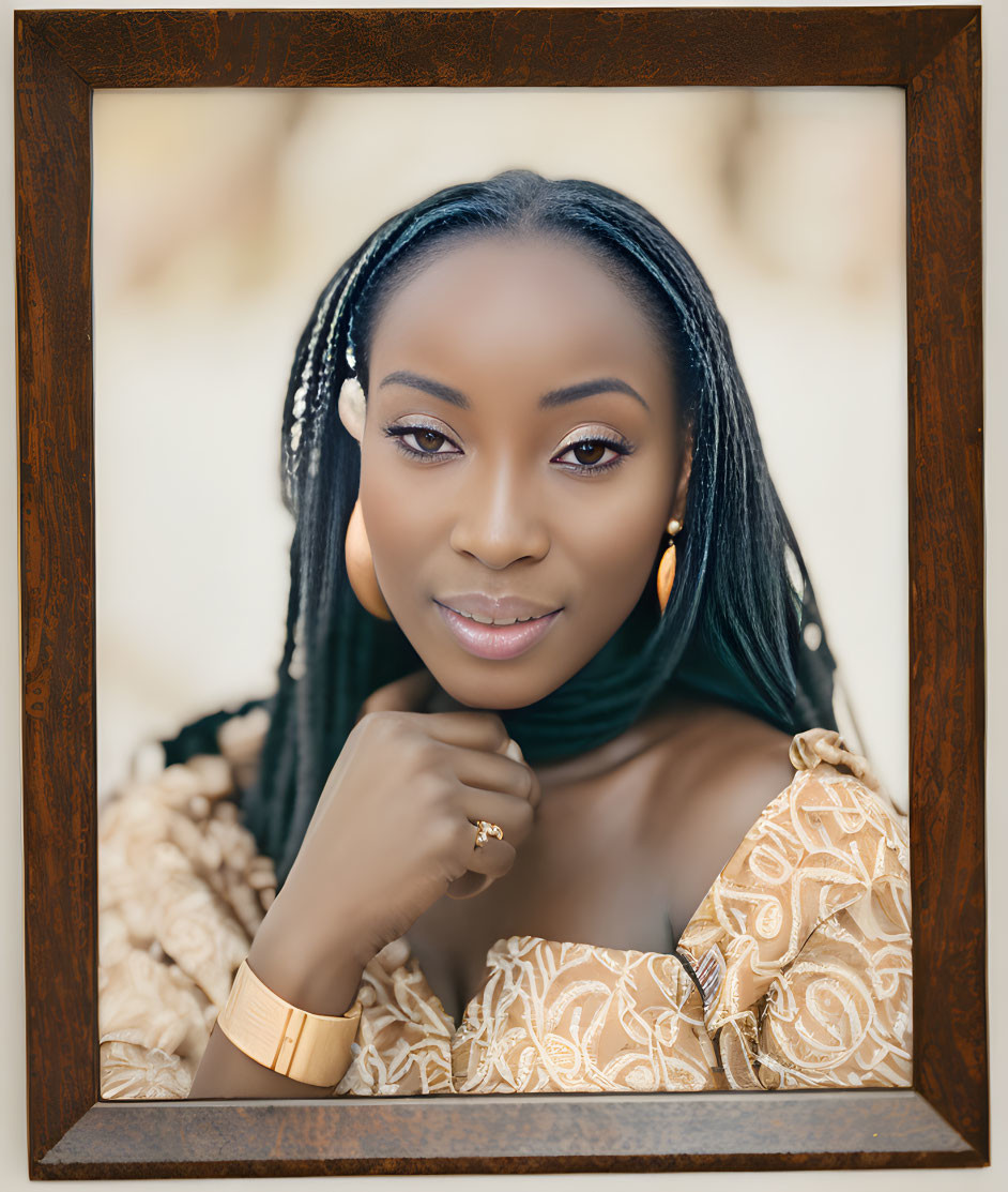 Woman with Braided Hair and Hoop Earrings in Patterned Top, Wooden Frame