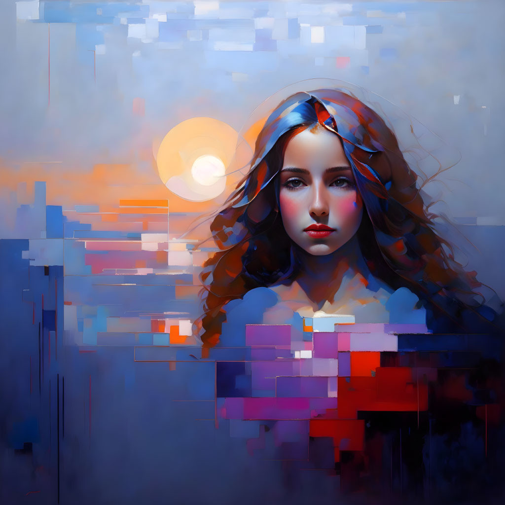 Digital painting of woman with long hair on abstract sunset-themed background