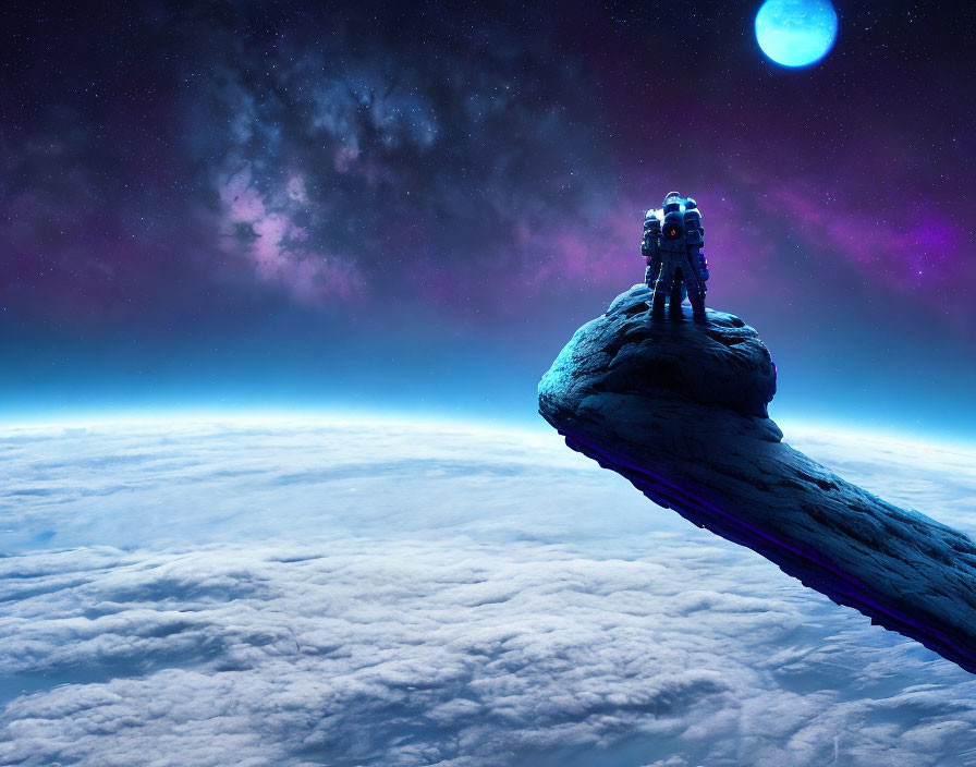 Astronaut on rocky outcrop with starry sky and blue planet