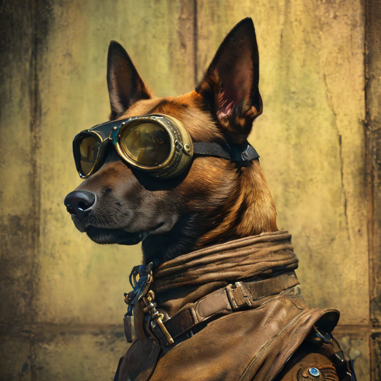 Vintage-style dog in aviator goggles and leather jacket against yellow wall