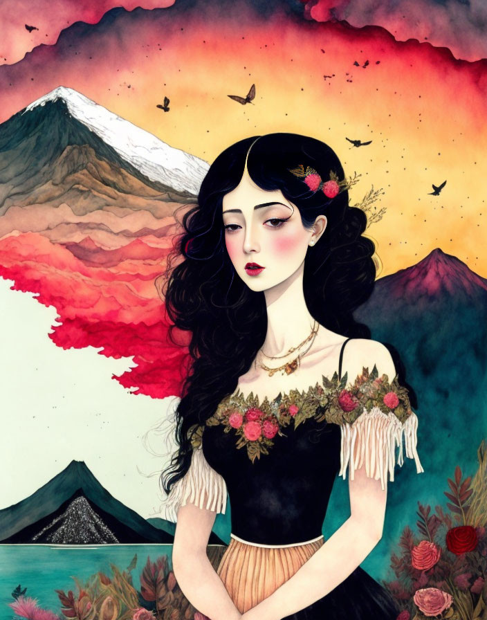 Illustration of woman with black hair in floral crown, vintage dress, mountains, colorful sky, and