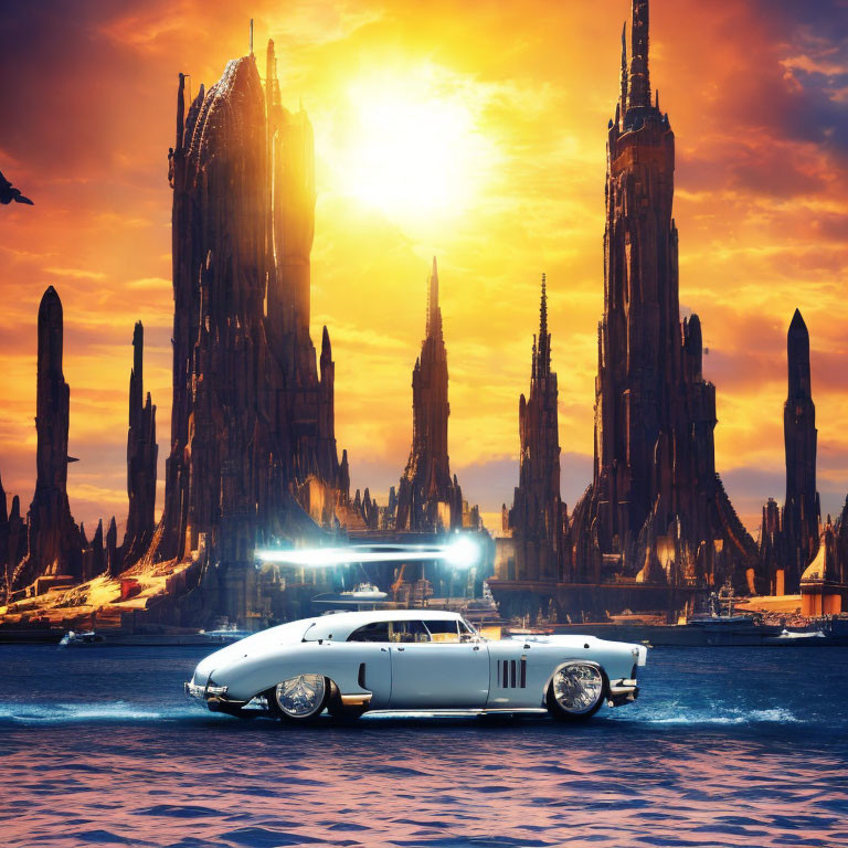 Classic White Car with Futuristic Modifications in Dystopian Cityscape