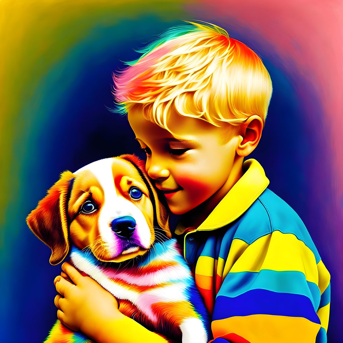 Colorful digital portrait: Young boy hugging puppy on vibrant backdrop