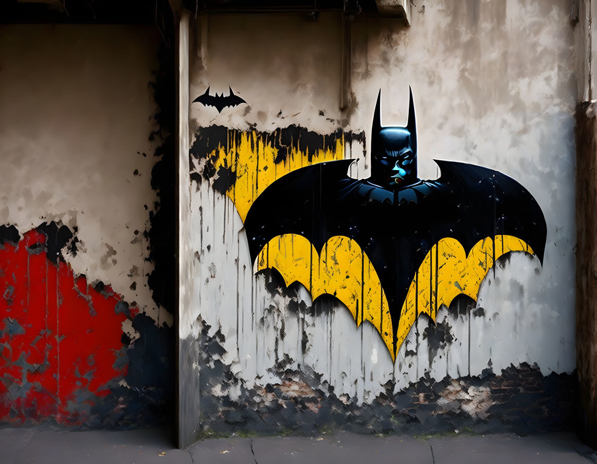 Iconic Batman symbol graffiti on weathered wall with yellow and black colors