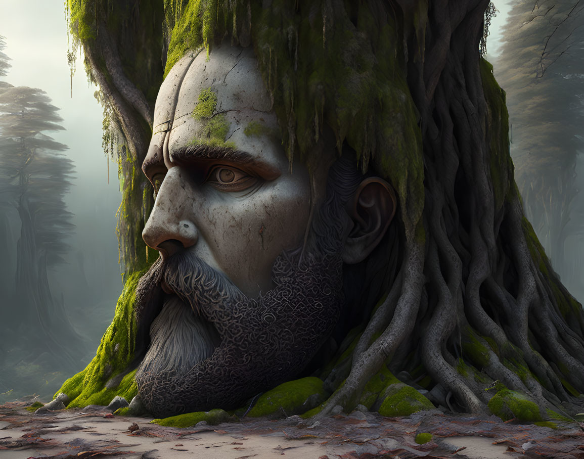 Stone face with beard merges with tree in misty forest