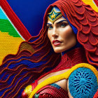 Vibrant Wonder Woman illustration with yarn-like texture and golden tiara