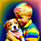 Colorful digital portrait: Young boy hugging puppy on vibrant backdrop