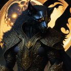 Anthropomorphic wolf in golden armor with celestial backdrop