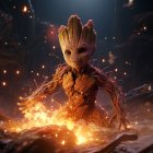 Baby Groot among fiery debris with curious expression