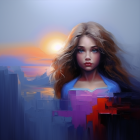 Digital painting of woman with long hair on abstract sunset-themed background