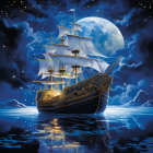 Golden sailboat sailing under full moon on nocturnal seas