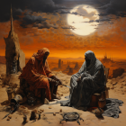 Traditional desert attire individuals discussing under full moon in sandy dune landscape