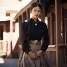 Elegant woman in vintage attire against old building backdrop