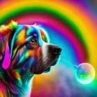 Two animated dogs with rainbow fur on swirling rainbow background