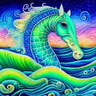 Colorful whimsical seahorse with unicorn horn in ocean waves under starry sky