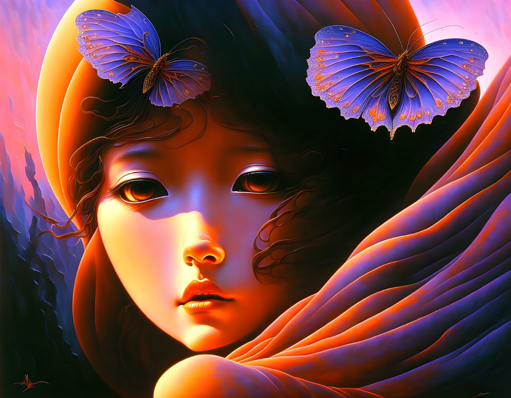 Digital painting of girl with large expressive eyes in red, adorned by blue butterflies on warm background