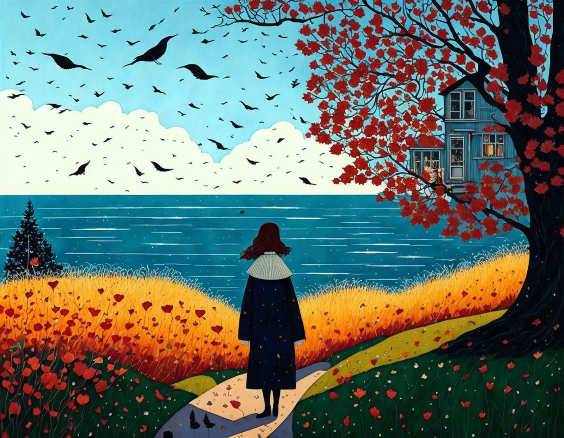 Person admiring sea with autumn trees, orange flowers, and birds in cloudy sky