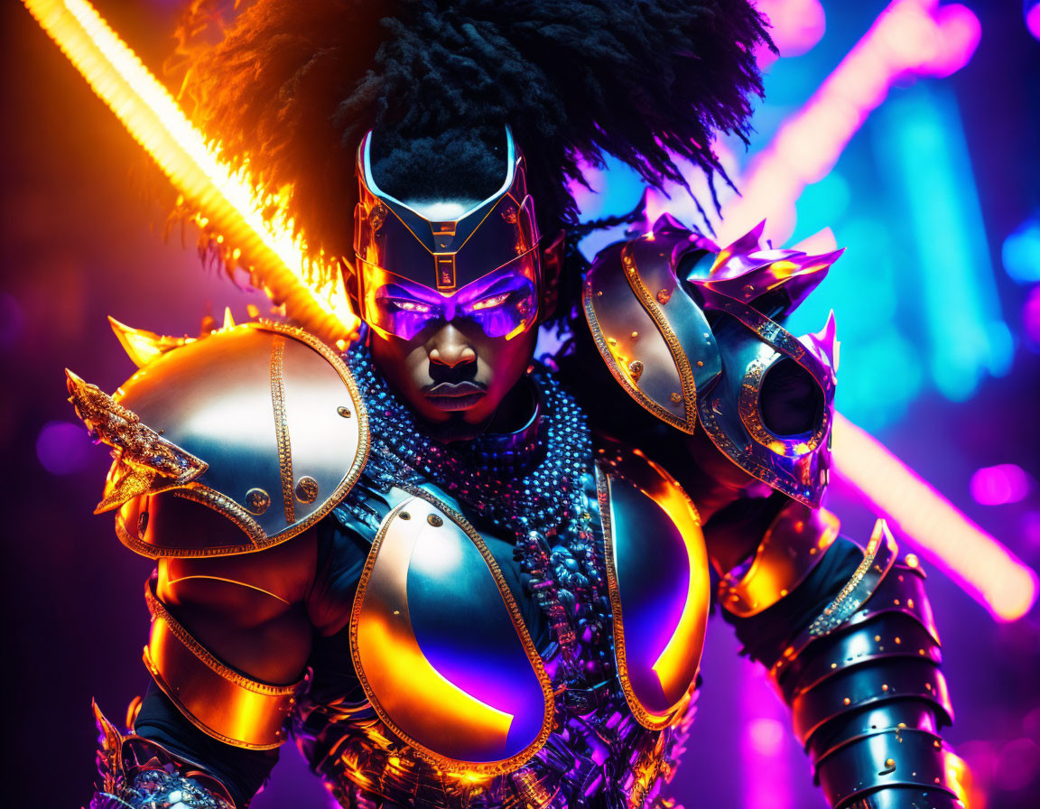 Vibrant futuristic warrior in feathered headdress and neon lights