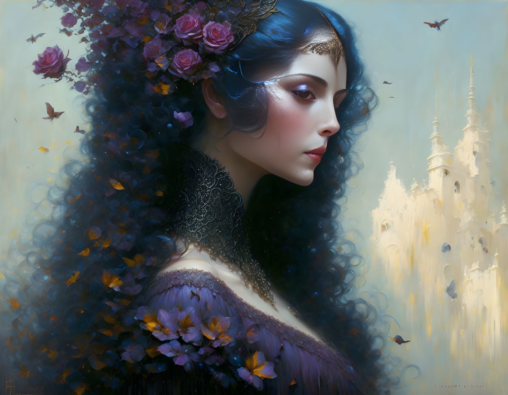 Ethereal woman with dark curly hair in front of dreamy castle