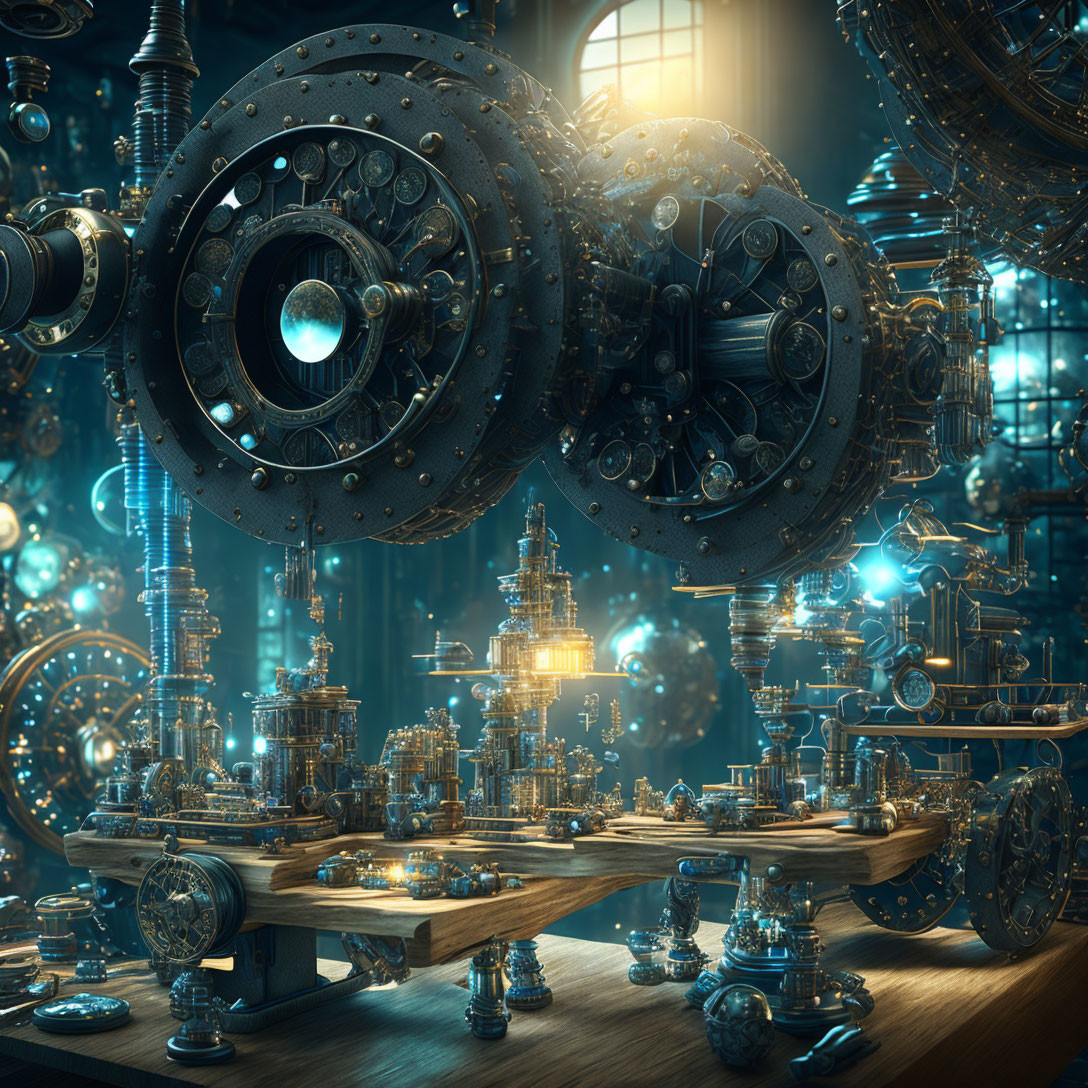 Detailed Steampunk Cityscape with Metallic Structures and Glowing Blue Lights