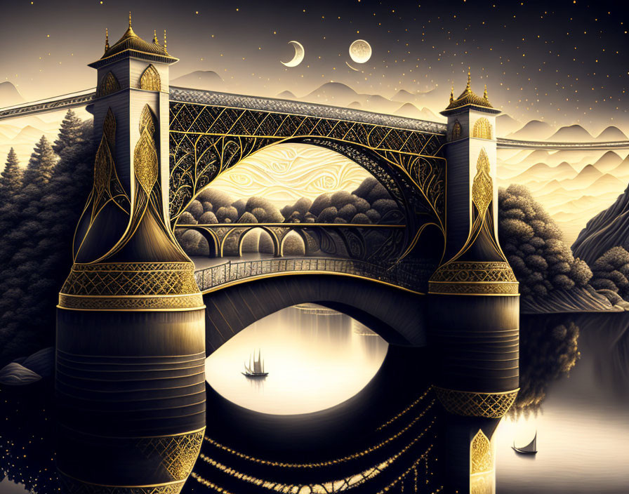 Ornate bridge over river at night with crescent moons and boats