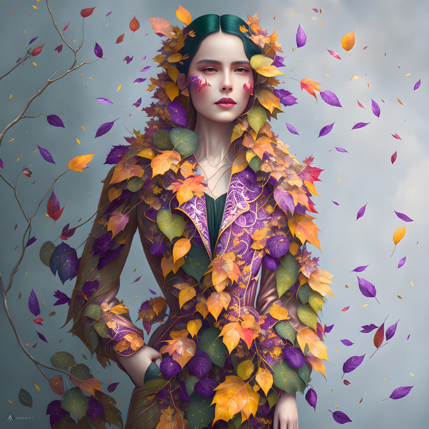 Woman surrounded by autumn leaves in leafy garment on cool-toned backdrop