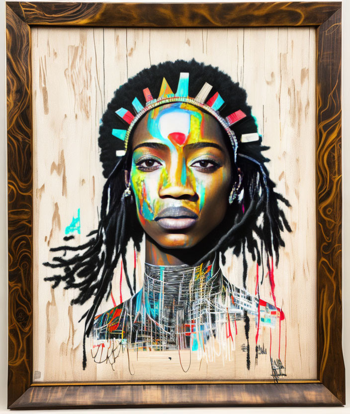 Colorful portrait with elaborate headdress and graffiti elements on wood frame