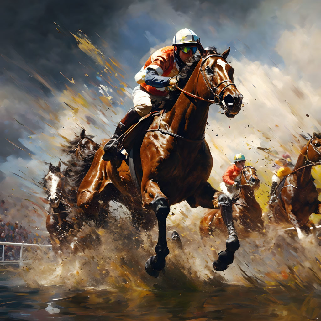 Colorful jockeys on powerful horses in dynamic horse racing scene