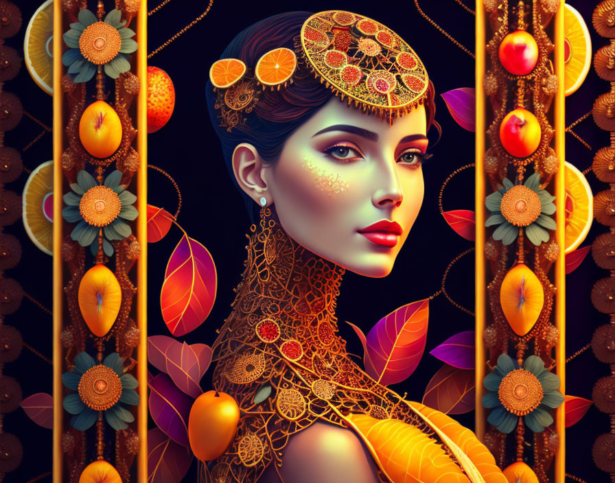 Detailed digital artwork: Woman with gold jewelry in floral setting on dark backdrop