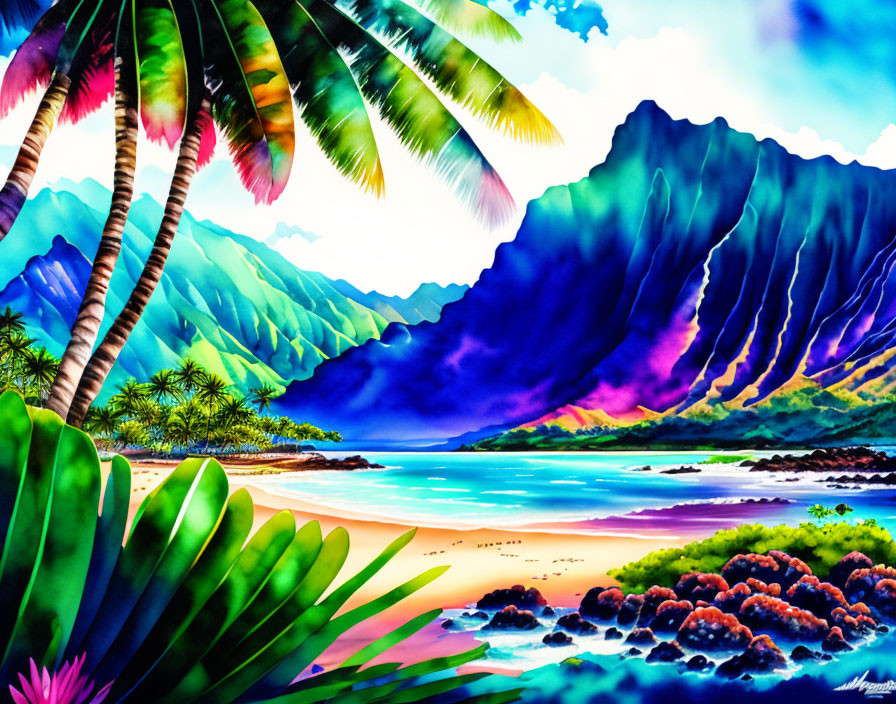 Tropical beach scene with palm trees, blue waters, mountains, and radiant sky