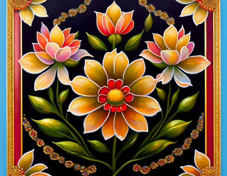 Vibrant lotus flower art on dark background with ornate border