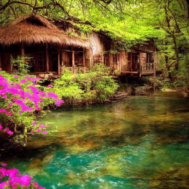 Scenic thatched-roof cottages by turquoise stream and pink flowers