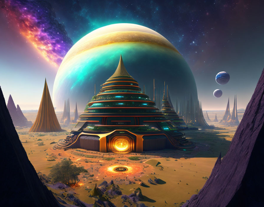 Futuristic structure and planets above desert landscape